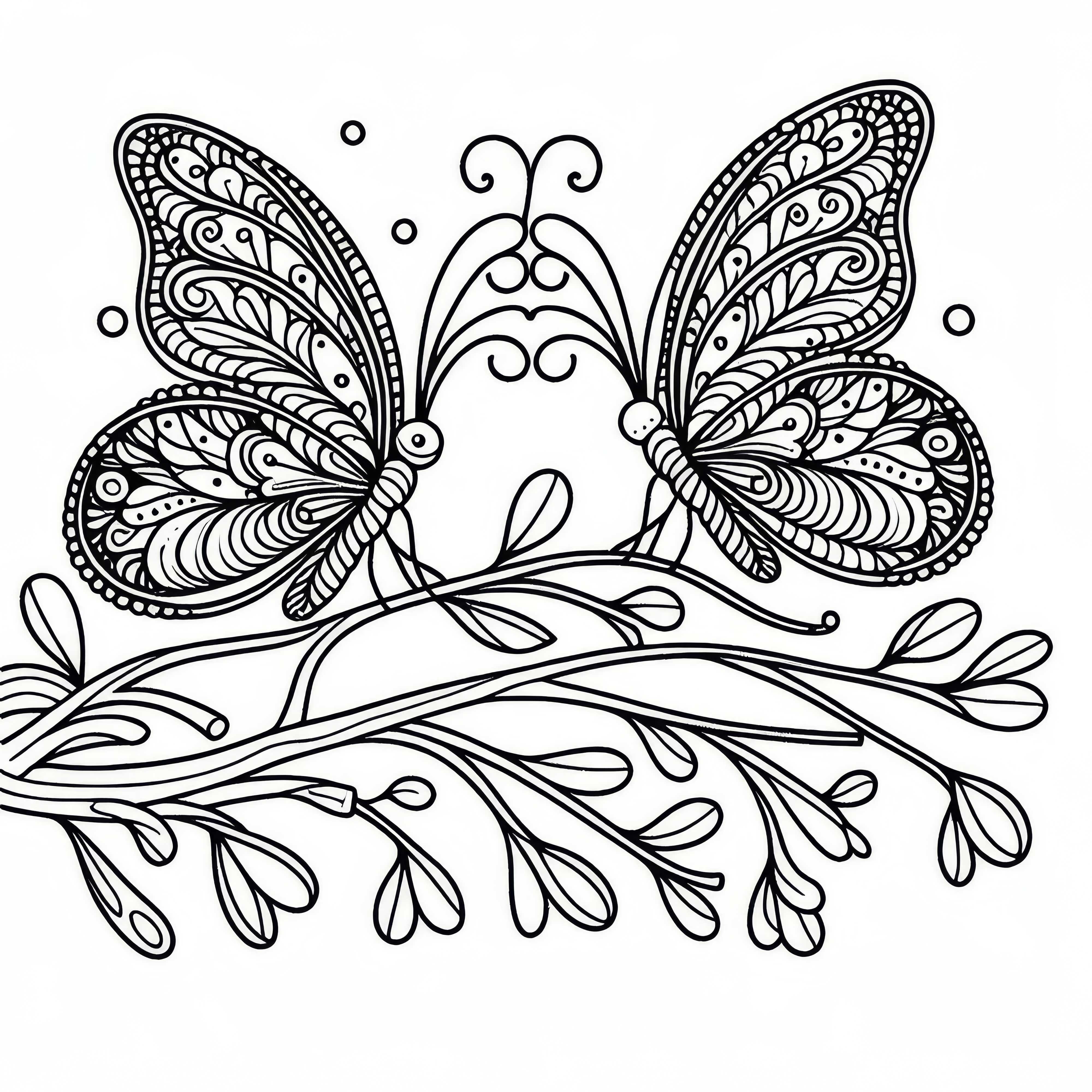 Pereche de fluturi pe o creangă - Foaie de colorat gratuită Pereche de fluturi pe o bifurcație de ram - model de colorat gratuit