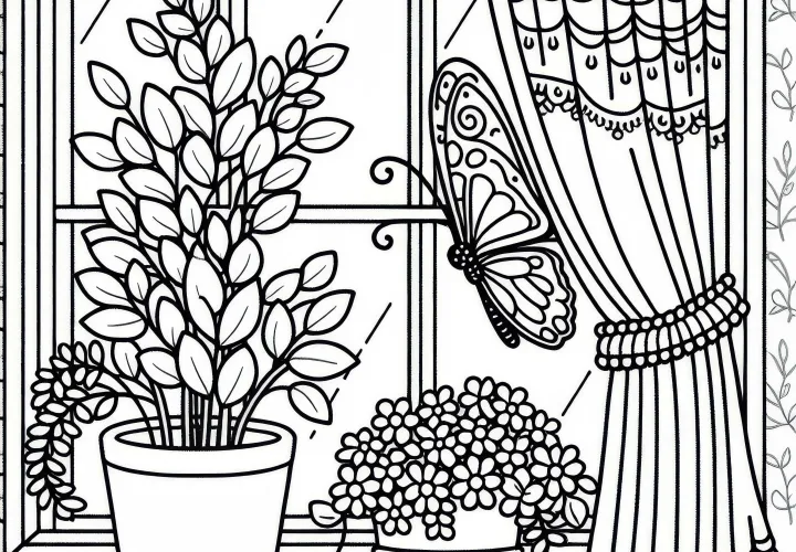 Motýľ na parapete s kvetináčmi a závesom – omaľovánka zadarmo