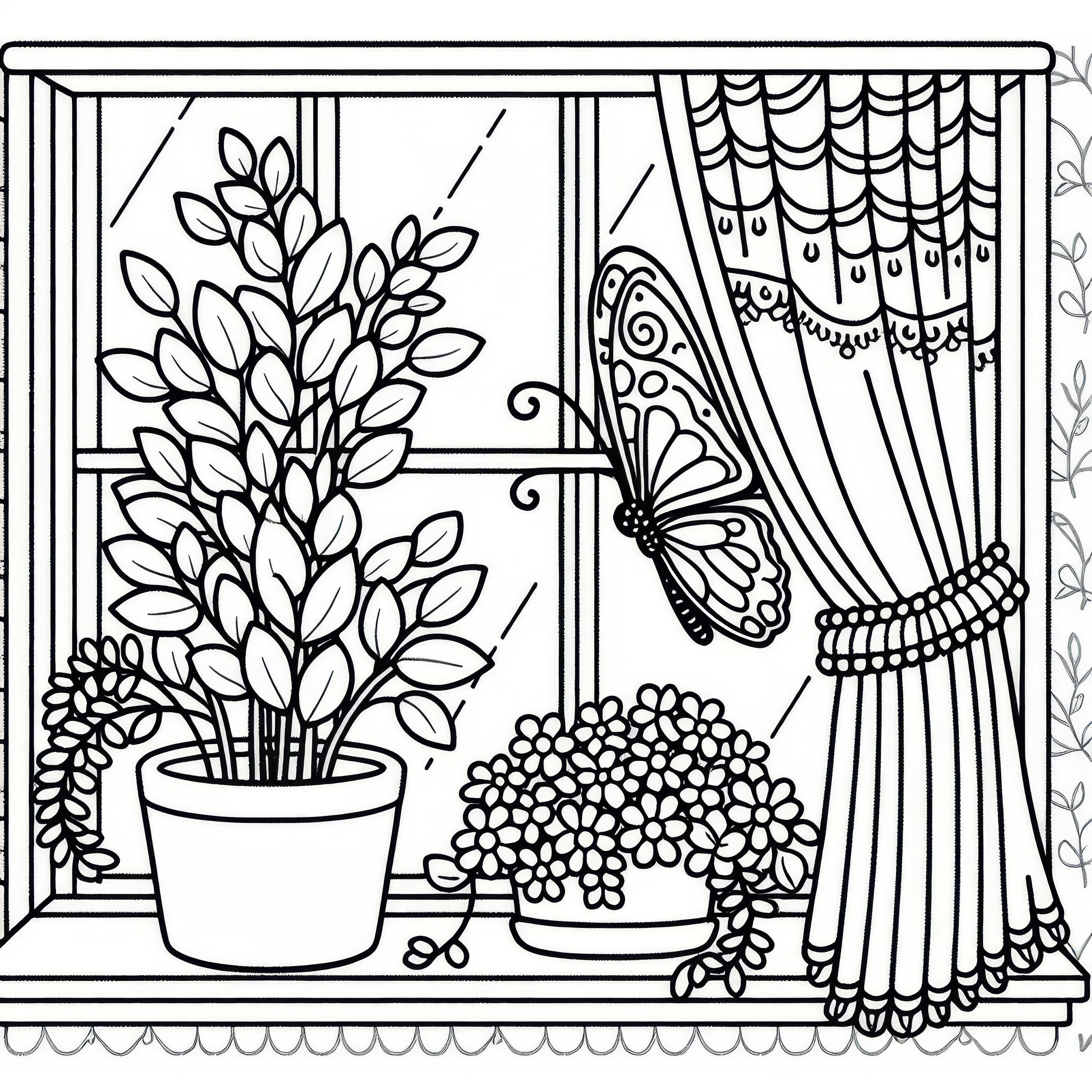 Un fluture pe pervazul feronției cu plante în ghiveci și perdea - Desen de colorat gratuit O fluture pe pervazul feronerie cu plante de ghiveci și perdea – Imagine de colorat gratuit