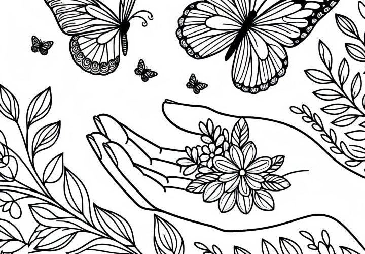 Fluture aterizează pe mână – Desen de colorat gratuit