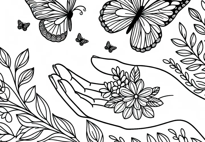 Motýľ pristáva na ruke – Šablóna na vymaľovanie zadarmo