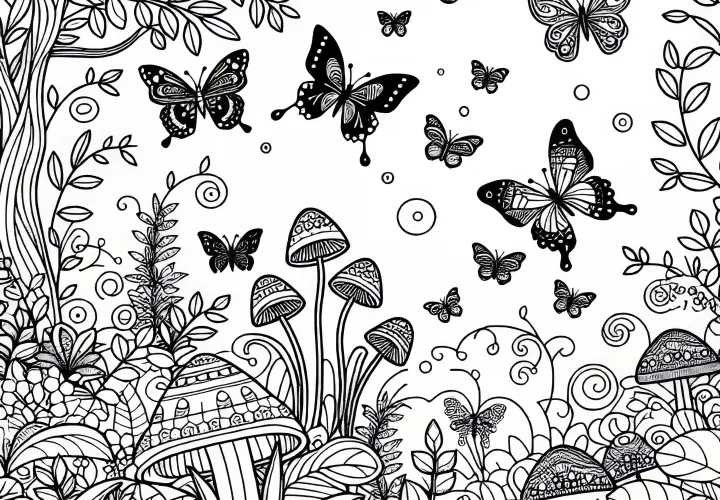 Motýle lietajú cez čarovnú záhradu – bezplatná maľovacia šablóna