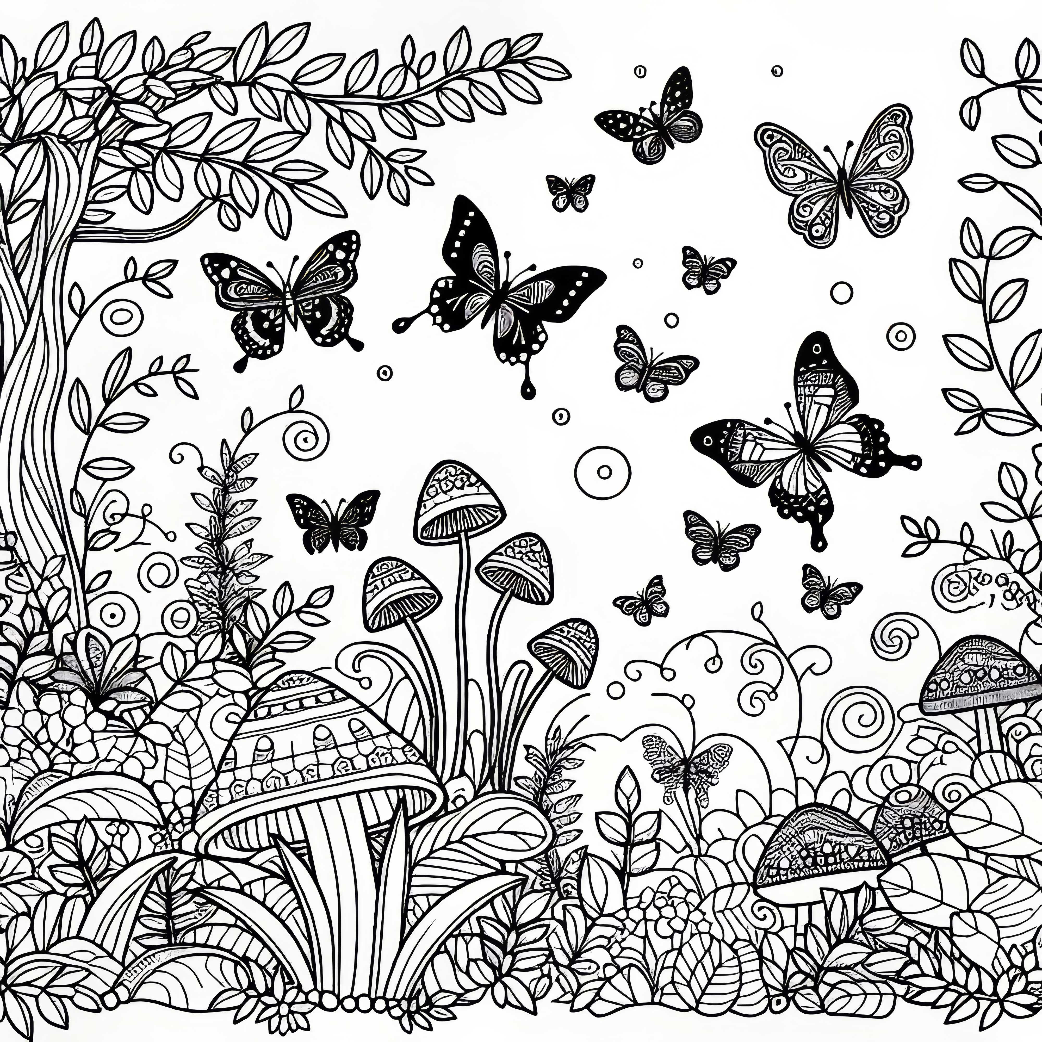 Fluturii zboară prin grădina fermecată – Template de colorat gratuit Fluturii zboară prin grădina fermecată – Șablon de colorat gratuit