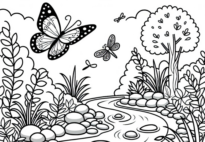 Fluture zboară peste pârâu – Desen de colorat gratuit