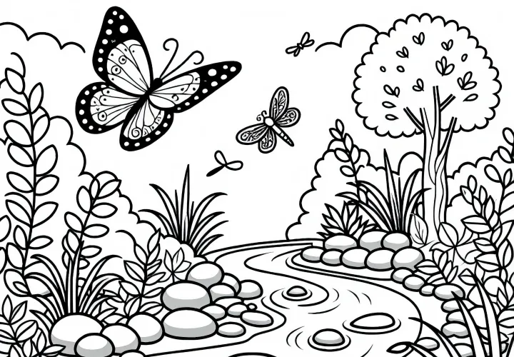 Motýľ lieta nad potokom – Maľovanka zadarmo