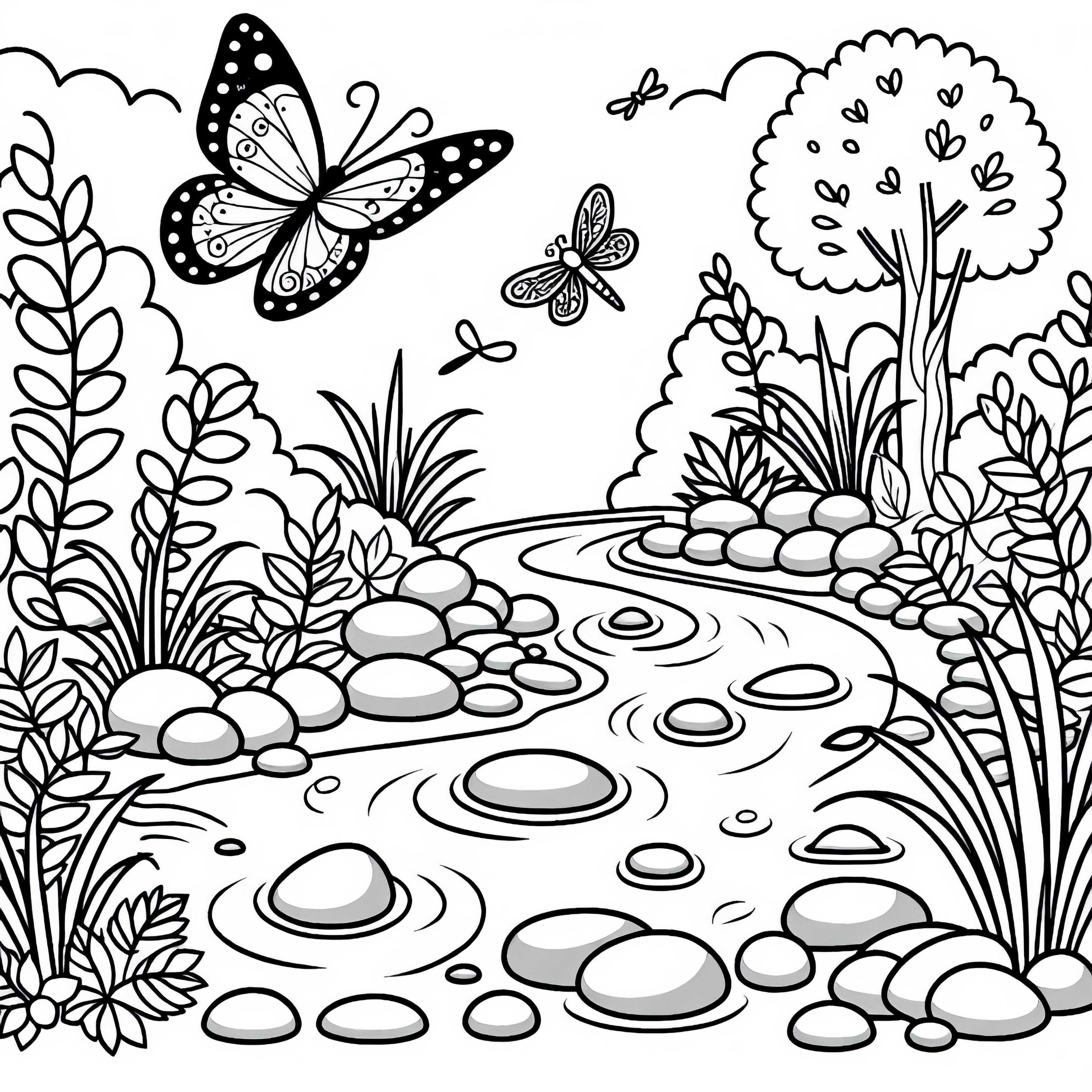 Fluturele zboară peste pârâu – Desen de colorat gratuit