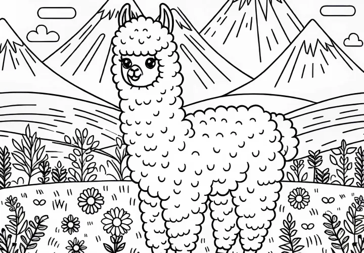Alpaka stojí na lúke s horami v pozadí – Maľovanka zadarmo