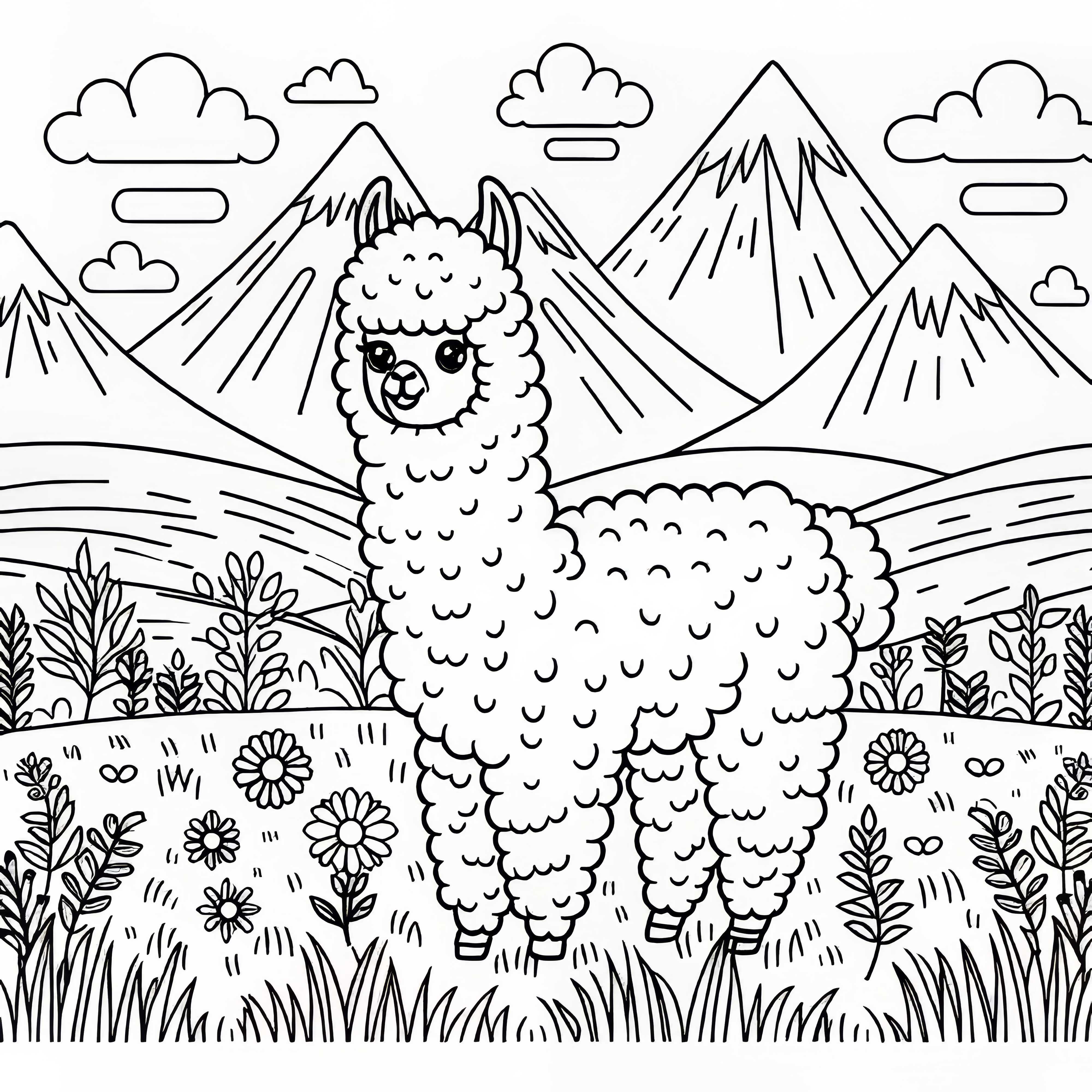 Alpaka stojí na lúke s horami v pozadí – Zadarmo vymaľovávacia stránka
