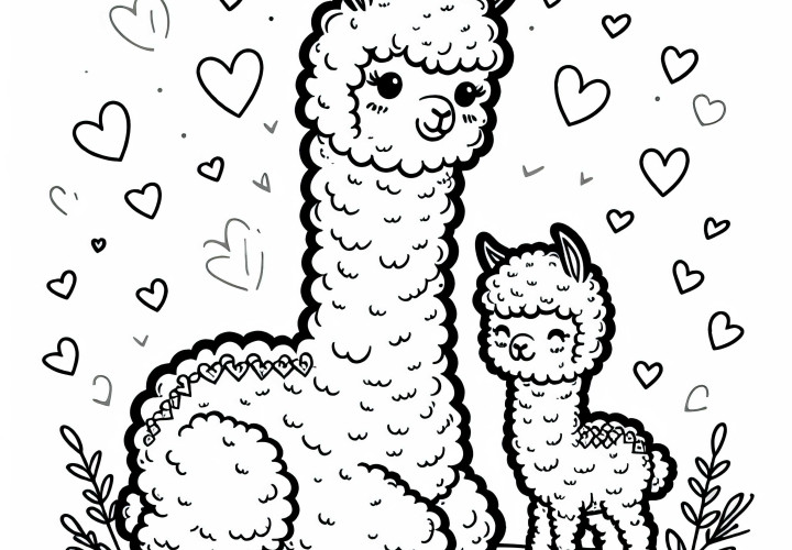 Bábätko alpaky vedľa matky – Bezplatná maľovacia predloha
