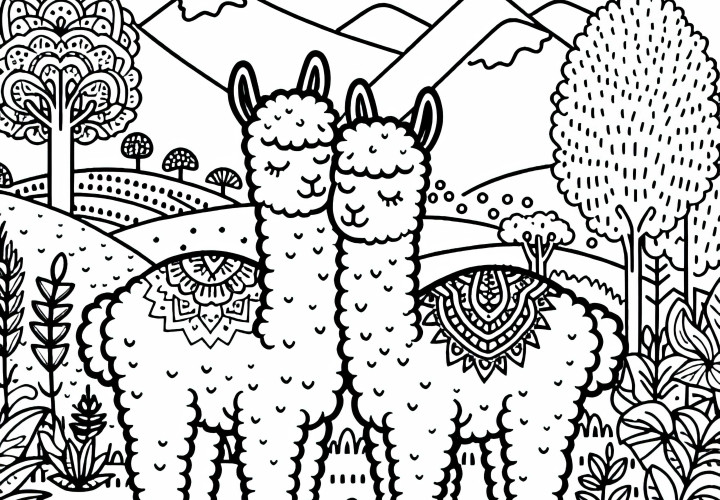 Dve alpaky si trú hlavy o seba - Bezplatný obrázok na vymaľovanie