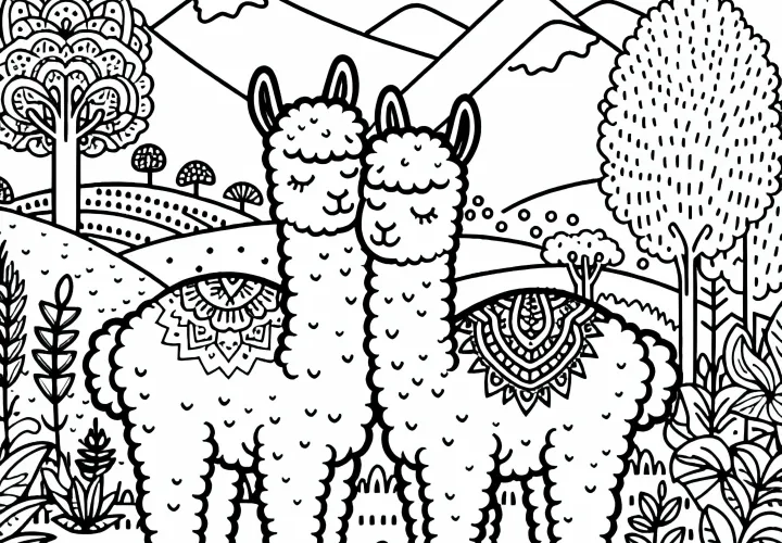 Dve alpaky si trú hlavy o seba - Bezplatný obrázok na vymaľovanie