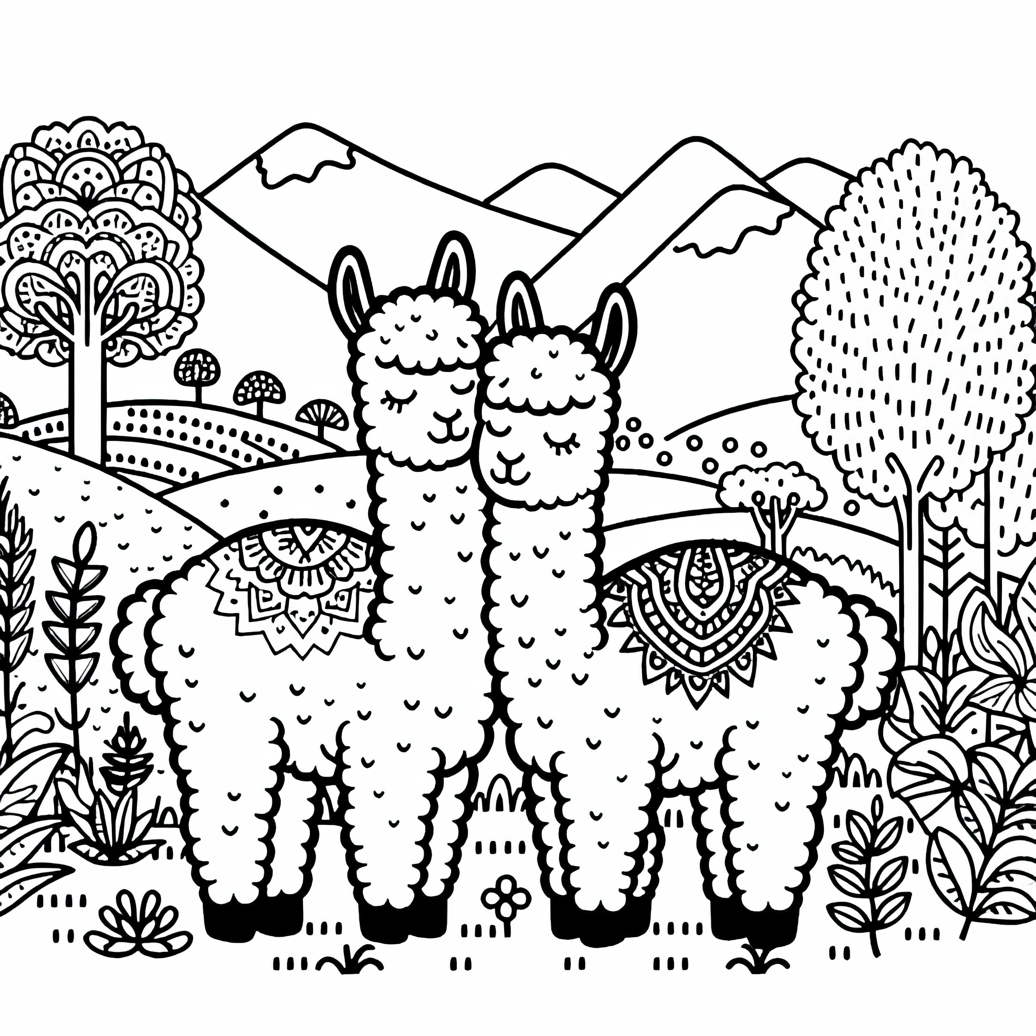 Dve alpaky si o seba trenú hlavy - Zadarmo na maľovanie Dve alpaky si trie rubia o seba - Obrázok na vymaľovanie zadarmo