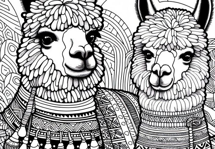 Alpaky s farebným prikrývkou a náhrdelníkom v štýle Ánd – Folklórne zdobený obrázok na vymaľovanie zadarmo