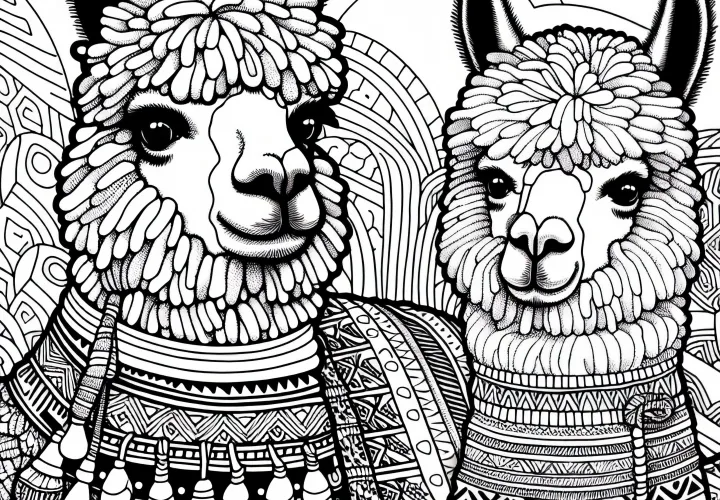 Alpaky s farebným prikrývkou a náhrdelníkom v štýle Ánd – Folklórne zdobený obrázok na vymaľovanie zadarmo