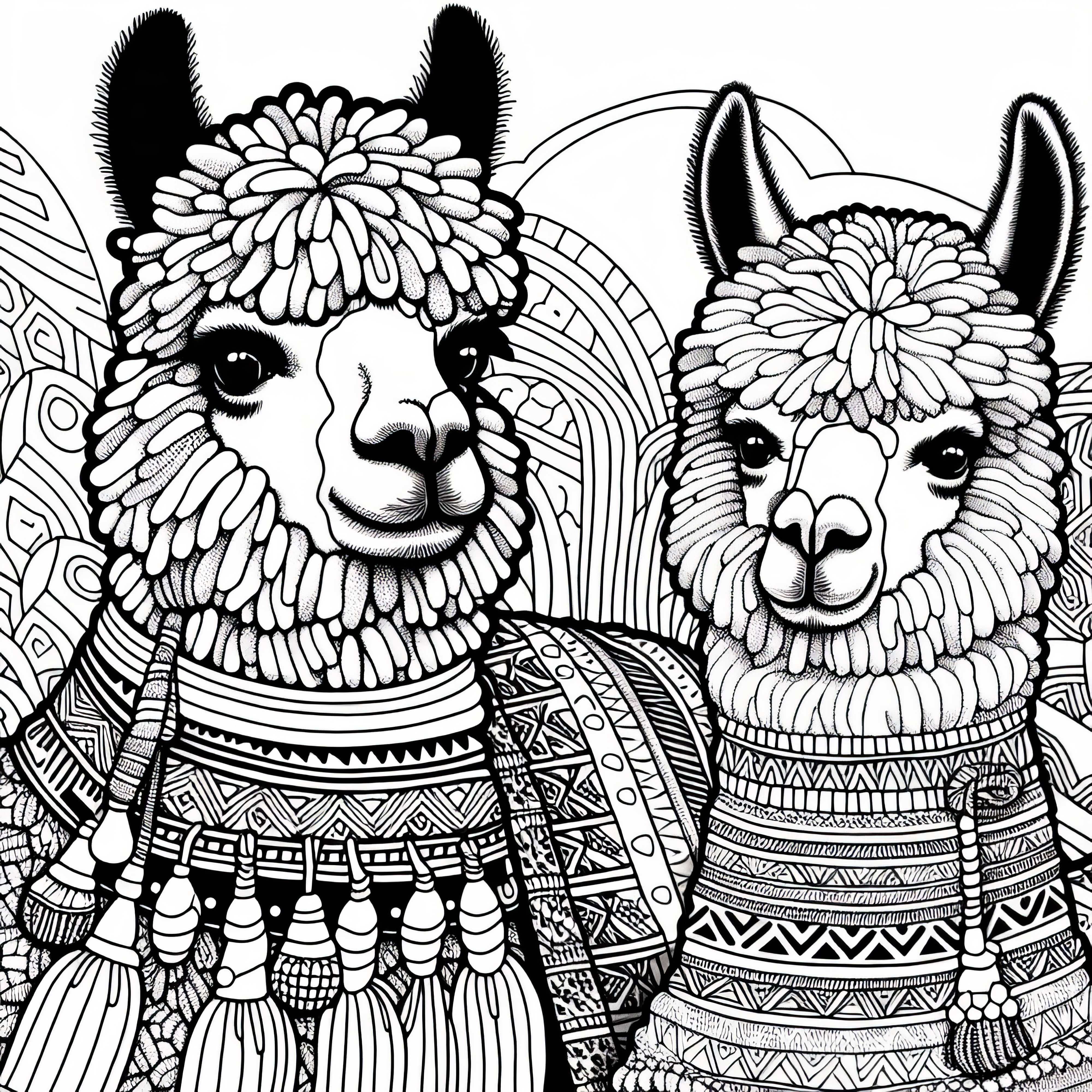 Alpaky s farebným plášťom a ozdobou na krku v štýle Ánd – Folklórne vyzdobený omaľovánka zadarmo Alpaky s farebným prikrývkou a náhrdelníkom v andskom štýle – Folklórne zdobená omaľovánka zadarmo
