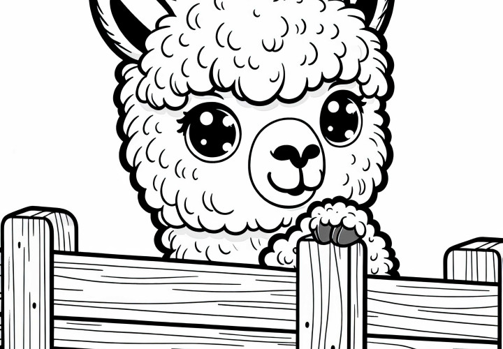 Alpaka sa pozerá cez plot s vtipným výrazom na tvári - Bezplatná omaľovánka