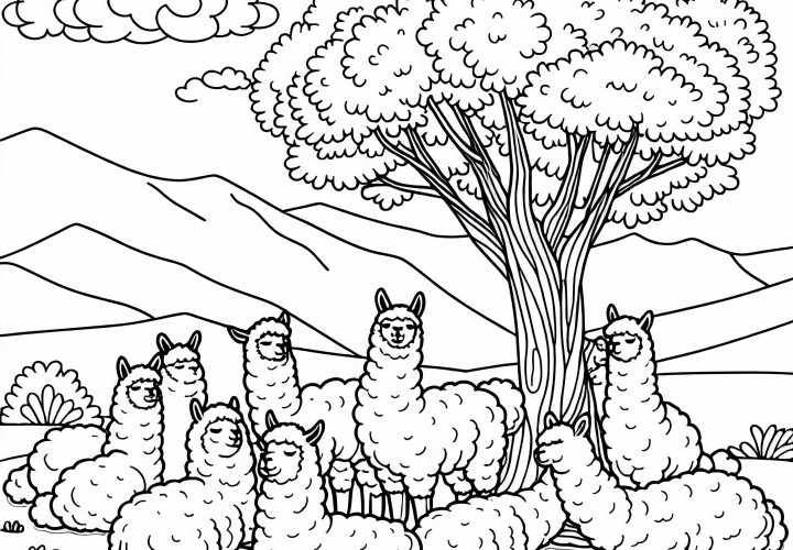 Skupina alpak pod stromom – zadarmo omaľovánka