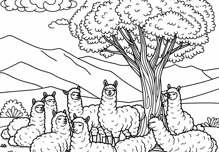 Skupina alpak pod stromom – zadarmo omaľovánka