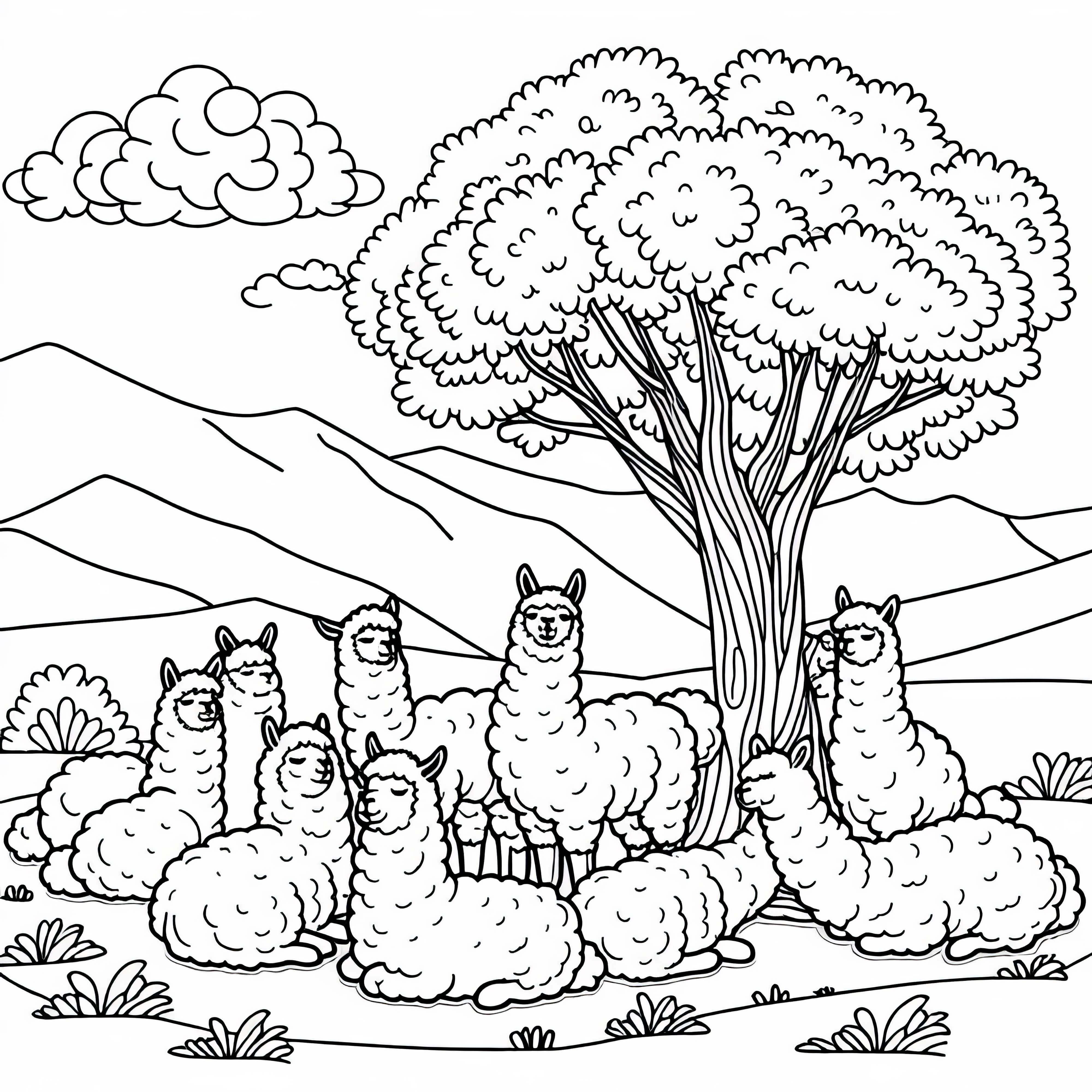 Skupina alpakov pod stromom – Zadarmo na vymaľovanie Skupina alpák pod stromom – Obrázok na vyfarbenie zadarmo