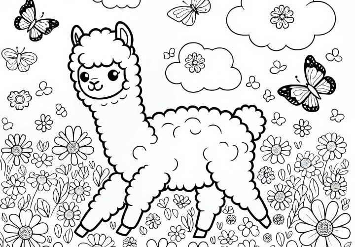 Alpaka prechádza cez kvetinové pole s lietajúcimi kvetmi a motýľmi - bezplatná maľovanka