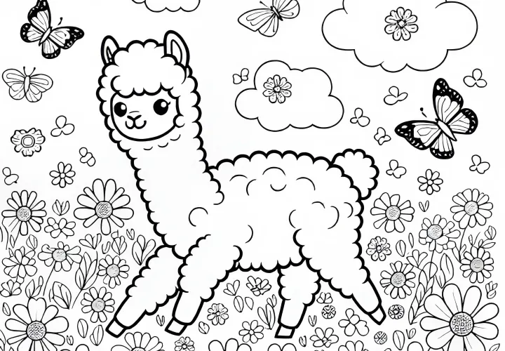Alpaka prechádza cez kvetinové pole s lietajúcimi kvetmi a motýľmi - bezplatná maľovanka