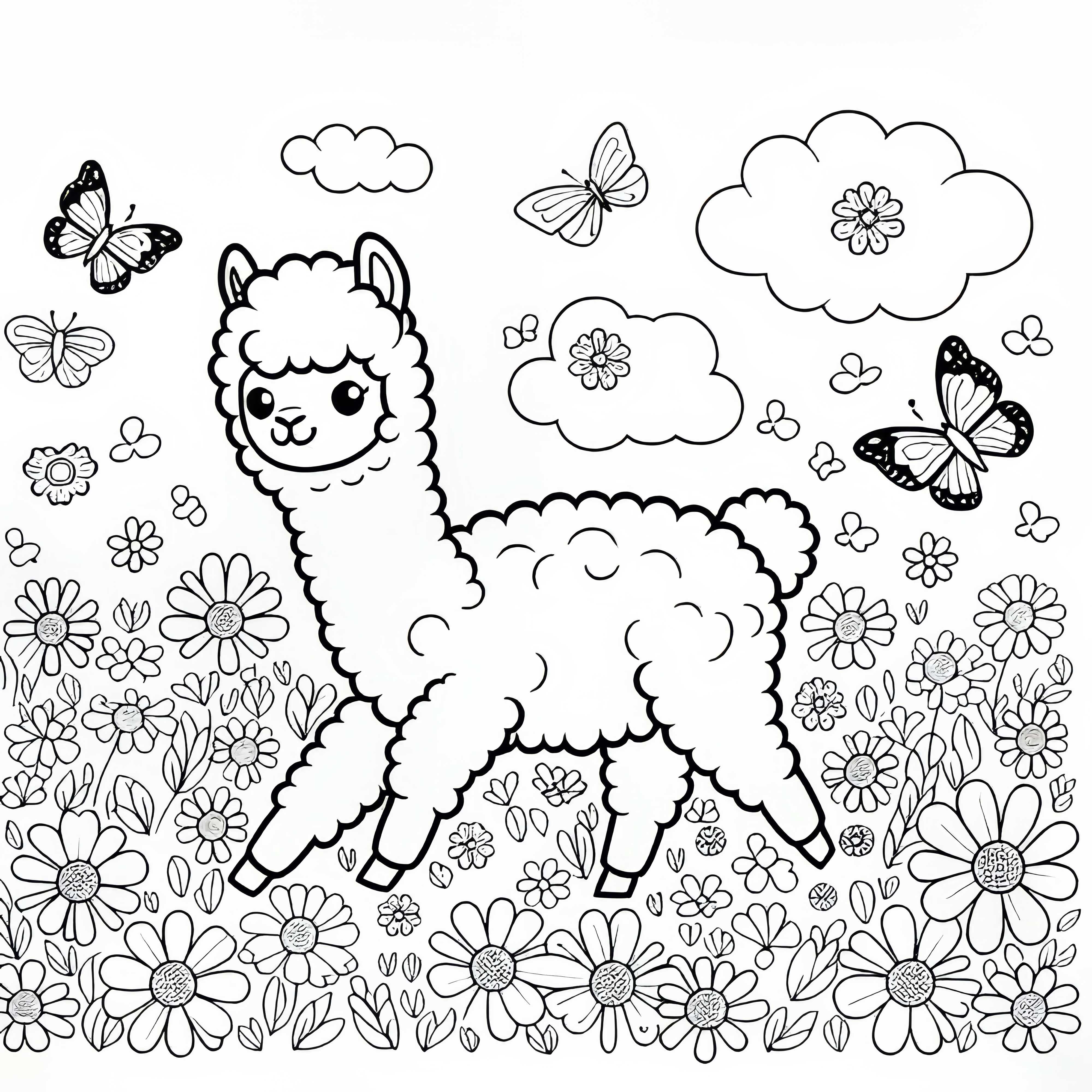 Alpaka kráča cez kvetinové pole s poletujúcimi kvetmi a motýľmi – bezplatná omaľovánka