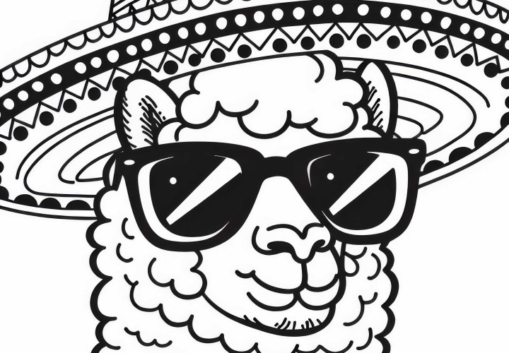 Alpaka s okuliarmi a sombrerom v komiksovom štýle – Vymaľovanka pre teba