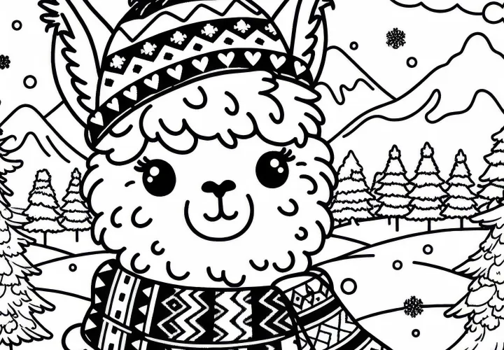 Alpaka v snehu s šálom a čiapkou – Maľovanka zadarmo Alpaka v snehu s šálom a čiapkou – Maľovanka zadarmo