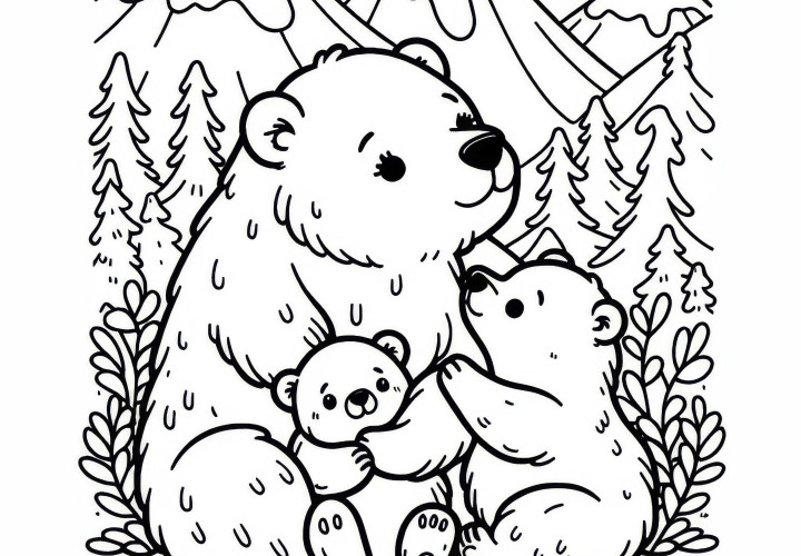 Matka medveďa s dvoma mláďatami - obrázok na vymaľovanie zdarma