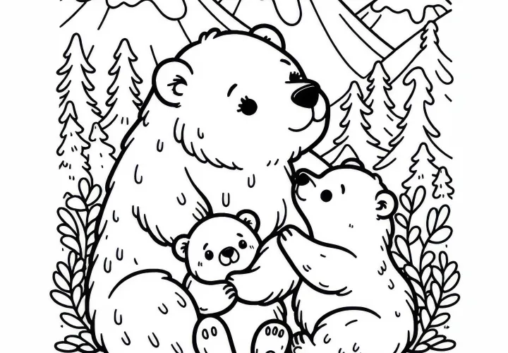 Matka medveďa s dvoma mláďatami - obrázok na vymaľovanie zdarma
