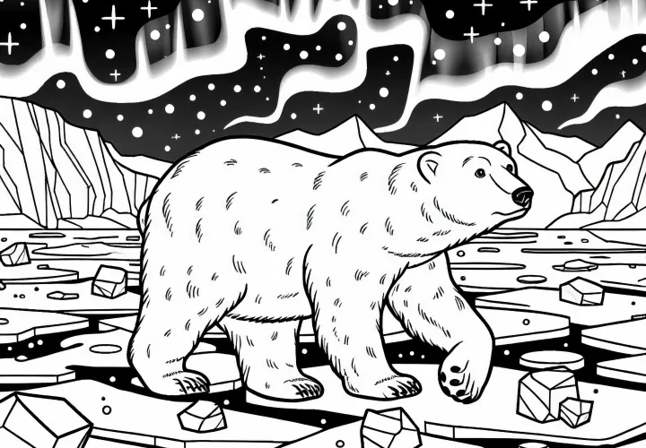 Ľadový medveď kráča po ľadových kryhách s polárnymi zmrznutými – zadarmo na vymaľovanie