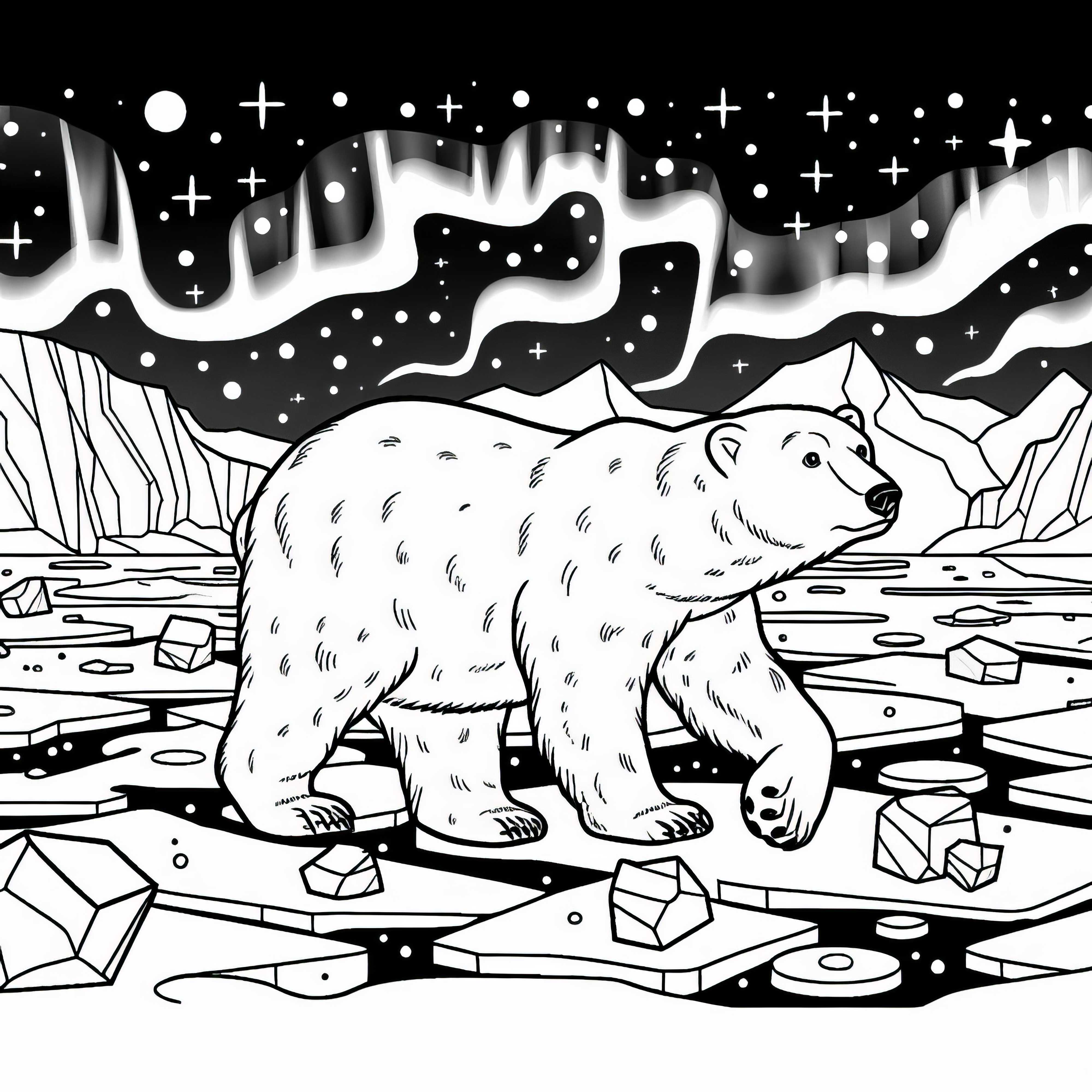 Ľadový medveď kráča po ľadových plochách s polárnymi žiariami – bezplatná omaľovanka