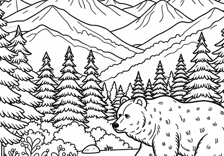 Medveď behá cez horskú krajinu s jedľami, skalami a širokým výhľadom – bezplatný obrázok na vymaľovanie