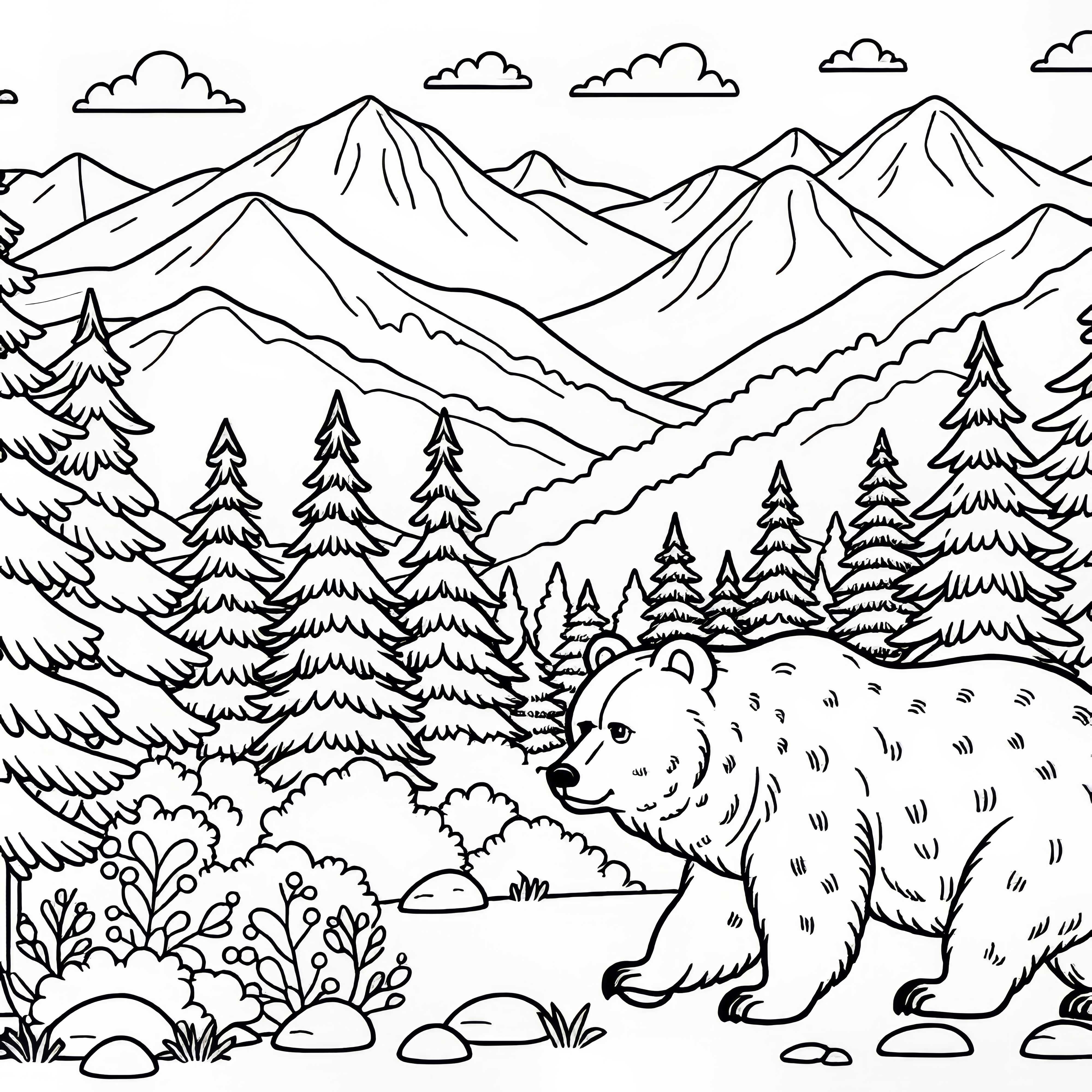 Medveď beží cez horskú krajinu so smrekmi, skalami a širokým výhľadom –  bezplatný obrázok na vymaľovanie