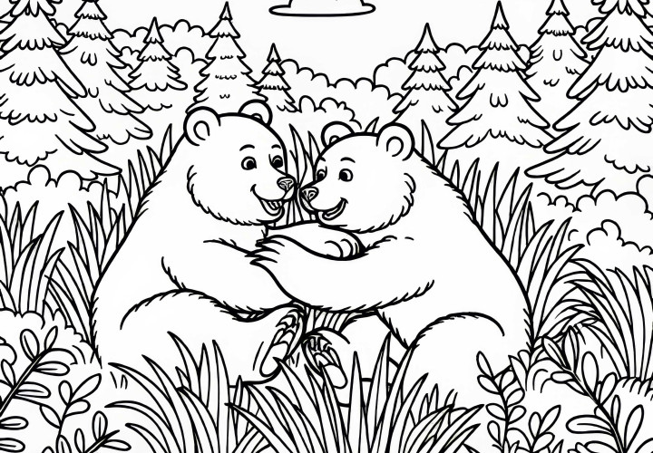 Dvaja medvede sa hrajú v lese v vysokej tráve – bezplatná predloha na maľovanie