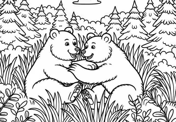 Dvaja medvede sa hrajú v lese v vysokej tráve – bezplatná predloha na maľovanie