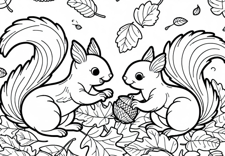 Zwei Eichhörnchen Spielen im Herbstlaub – Ausmalbild Gratis Zwei Eichhörnchen Spielen im Herbstlaub – Ausmalbild Gratis