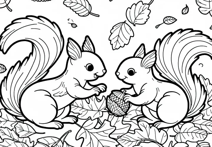 Dve veveričky sa hrajú v jesenných listoch – Obrázok na vymaľovanie zadarmo Dve veveričky sa hrajú v jesenných listoch – Obrázok na vymaľovanie zadarmo