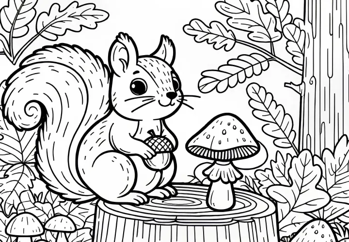 Veverička sedí na kmeňi stromu, obklopená hubami, listím a žaludmi - omaľovánka zadarmo Veverička sedí na kmeňi stromu, obklopená hubami, listím a žaludmi - omaľovánka zadarmo