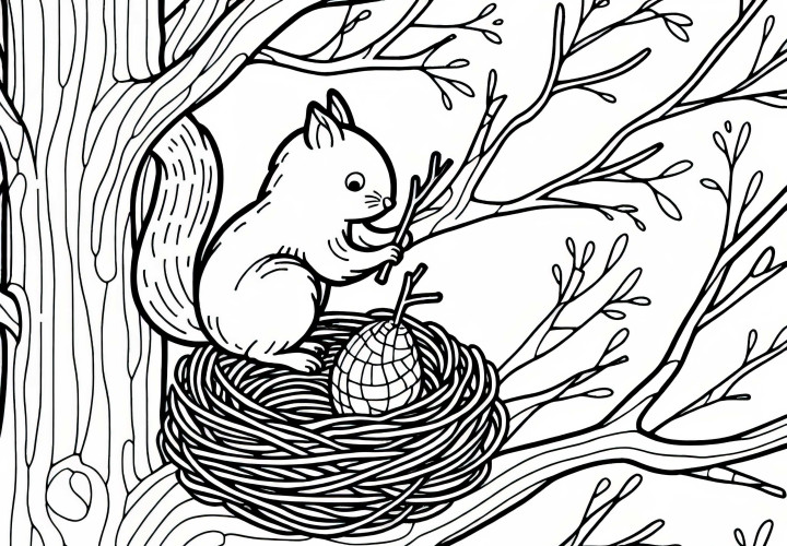 Eichhörnchen baut Nest aus Zweigen hoch oben in Astgabel eines Baumes – Malvorlage gratis Eichhörnchen baut Nest aus Zweigen hoch oben in Astgabel eines Baumes – Malvorlage gratis