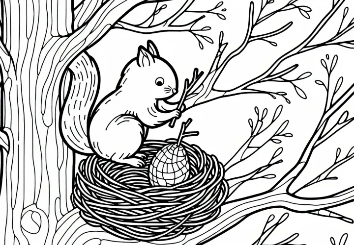 Veverička stavia hniezdo z konárov vysoko v rohu stromu – Bezplatná obrysová predloha Veverička stavia hniezdo z konárov vysoko v rohu stromu – Bezplatná obrysová predloha