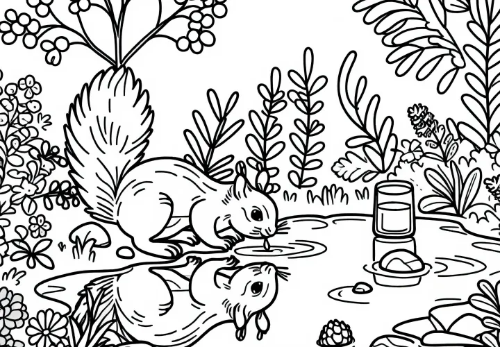 Veverička pije z malého jazierka - Základňa na maľovanie zadarmo Veverička pije z malého jazierka - Základňa na maľovanie zadarmo