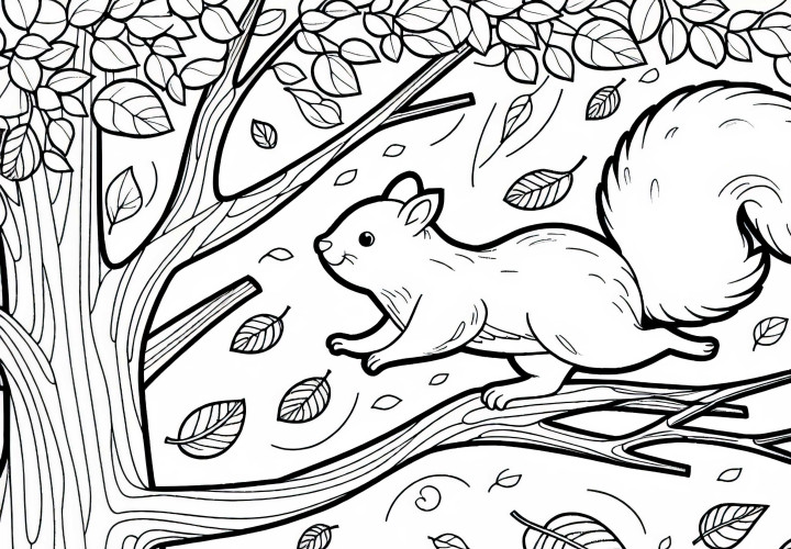 Veverička skáče z vetvy na vetvu - bezplatná vymaľovánka