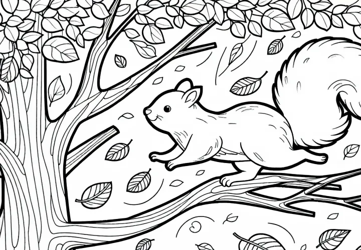 Veverička skáče z vetvy na vetvu - bezplatná vymaľovánka