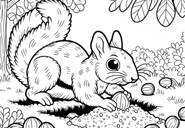 Veverička zakopáva orechy do zeme – Bezplatný maľovací obrázok
