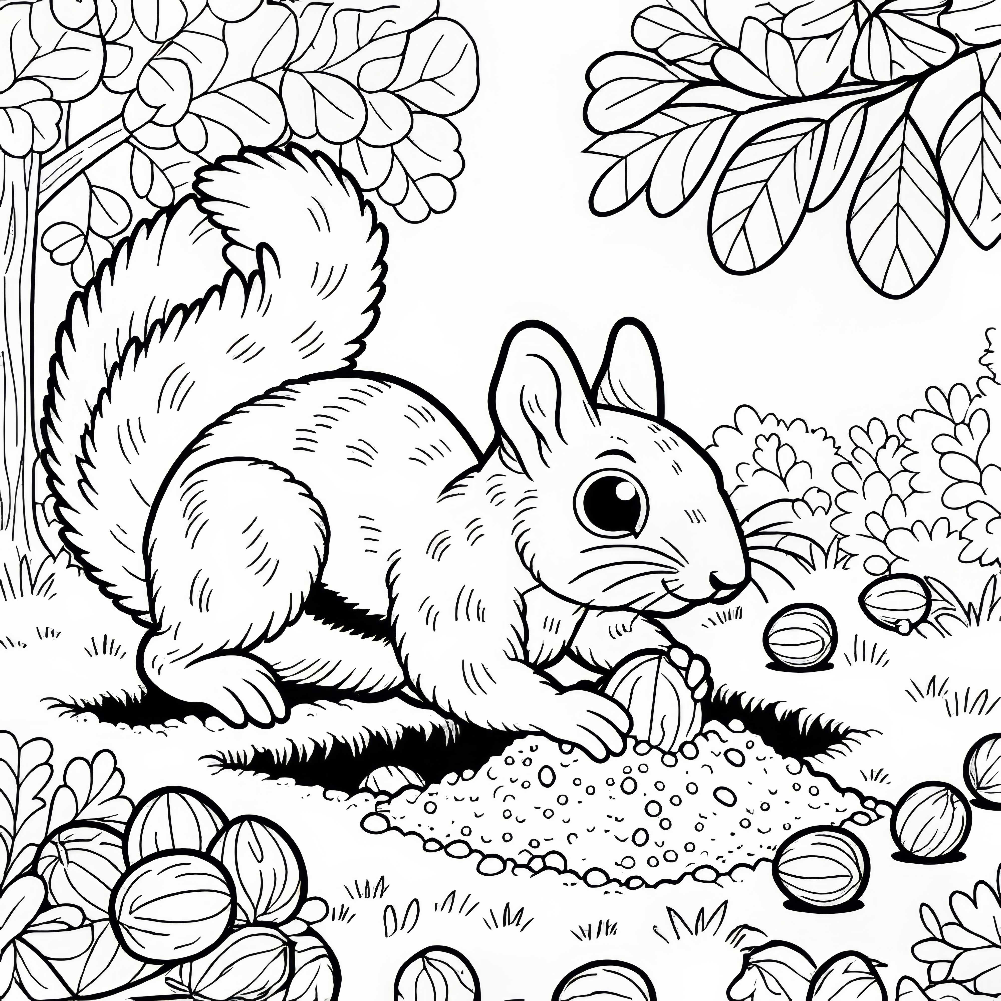 Veverička zakopáva orechy do zeme – Zafarbiť obrázok zadarmo Veverička zakopáva orechy do zeme – Bezplatná omaľovánka