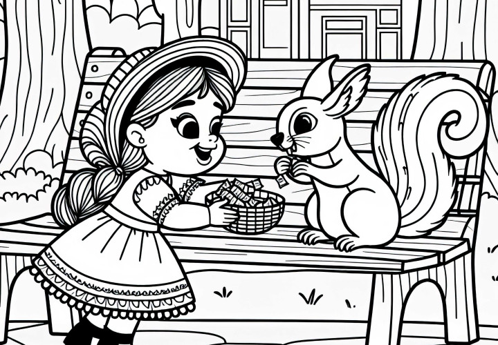 Veverička sedí na parkovej lavičke a dieťa ju kŕmi - bezplatná vymaľovánka