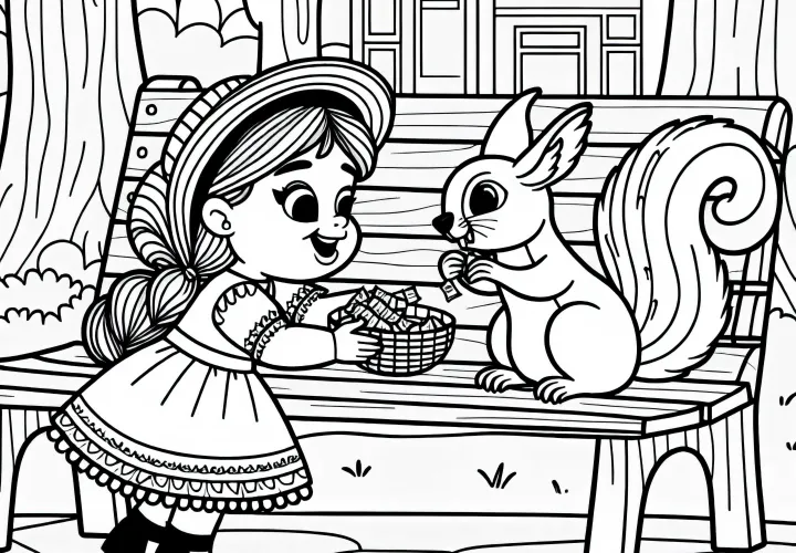 Veverička sedí na parkovej lavičke a dieťa ju kŕmi - bezplatná vymaľovánka