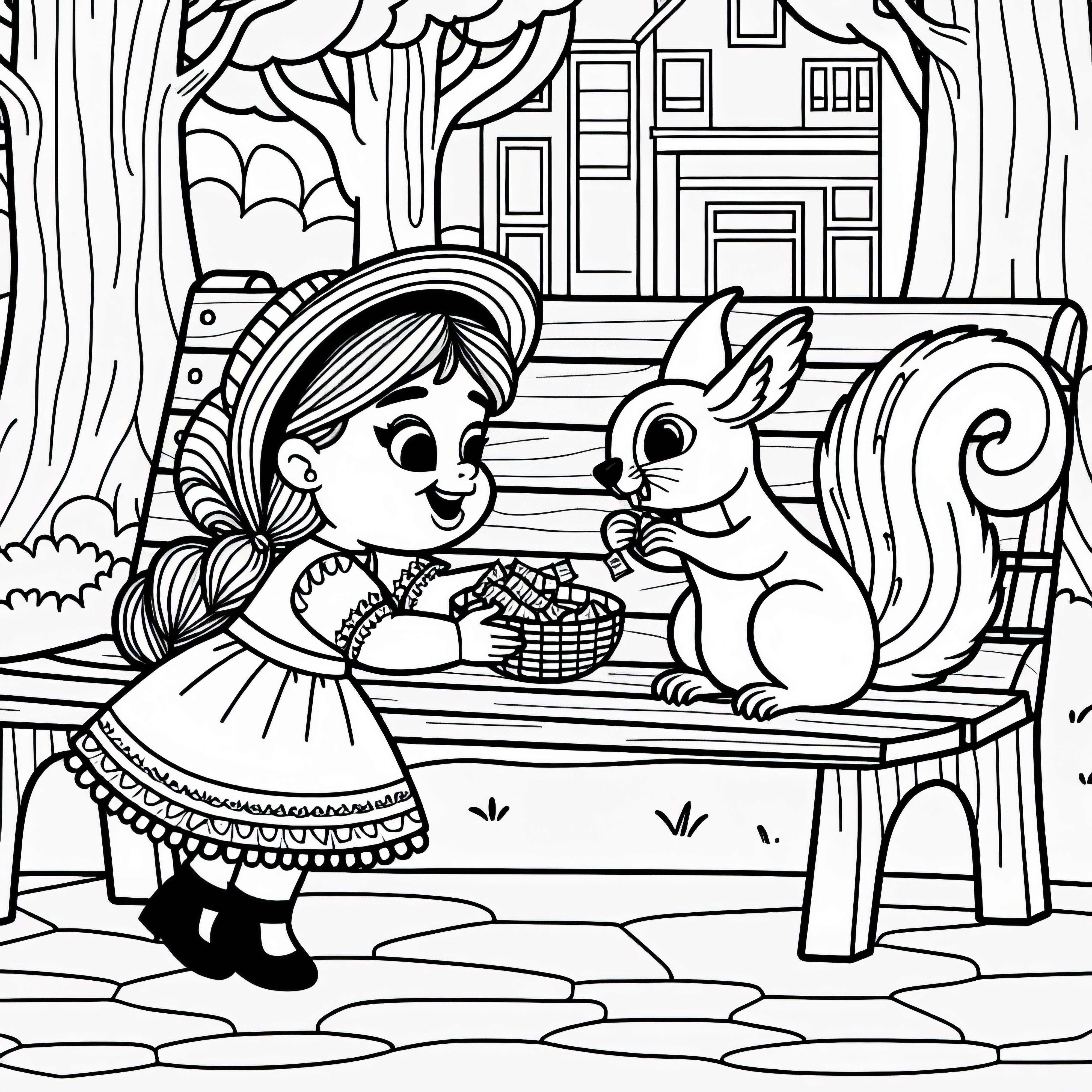 Veverička sedí na parkovej lavičke a je kŕmená dieťaťom - voľná maľovacia predloha