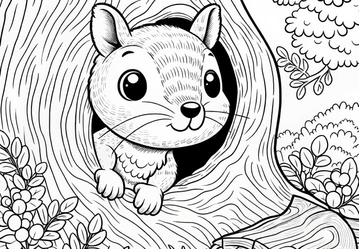 Eichhörnchen schaut neugierig aus Baumloch – Ausmalbild kostenlos Eichhörnchen schaut neugierig aus Baumloch – Ausmalbild kostenlos